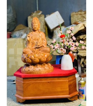 Tượng Gỗ Quan Âm Ngồi Đài Sen Cao 50cm
