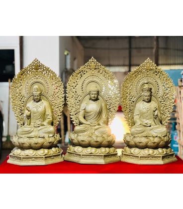 Bộ Tượng Phật Tây Phương Tam Thánh - Gỗ Gõ Vàng Vẽ Trầm
