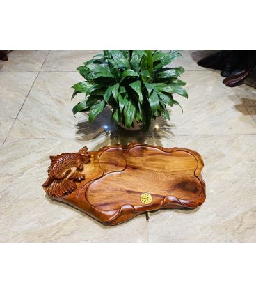 Khay Trà Nguyên Tấm Gỗ Hương - Đục Hình Cá Chép