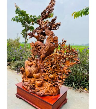 Tượng Gia Đình Gà 4 Mùa Hoa Phù Dung - Gỗ Hương Việt Cao 155cm