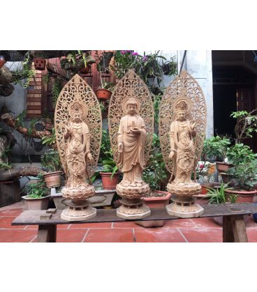 Tượng Phật Tam Thánh Đứng Đài Sen Có Lá Đề Cao 50