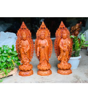 Tượng Phật Tây Phương Tam Thánh Gỗ Hương Cao 60 Có Lá Đề