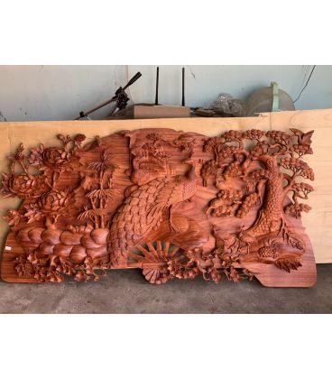 Tranh Quạt Chim Công - Phu Thê Viên Mãn - Đục Tay Ngang 120