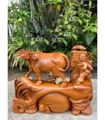 Tượng Tiểu Đồng Chăn Trâu Để Bàn - Gỗ Hương Việt