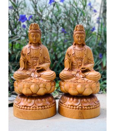 Tượng Quan Âm Tọa Đài Sen - Gỗ Bách Xanh Cao 40cm