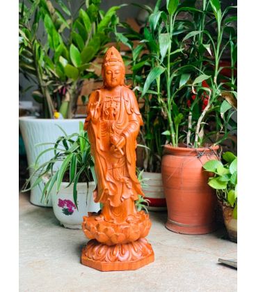 Tượng Gỗ Quan Âm Đứng Đài Sen Cao 60cm Gỗ Hương Đá