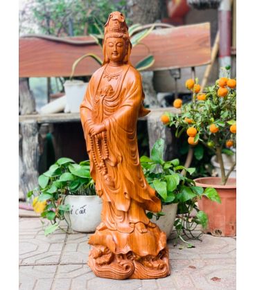 Tượng Quan Âm Đứng Lá Sen Gỗ Hương Đá Cao 70