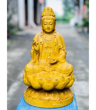 Tượng Quan Âm Tọa Đài Sen Gỗ Gõ Vàng Cao 40cm