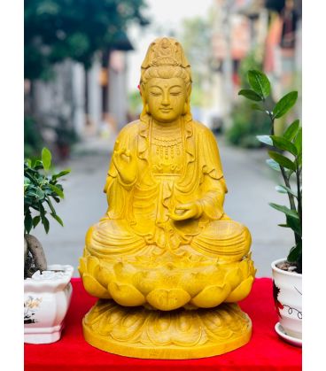 Tượng Quan Âm Tọa Đài Sen Gỗ Gõ Vàng Cao 50cm