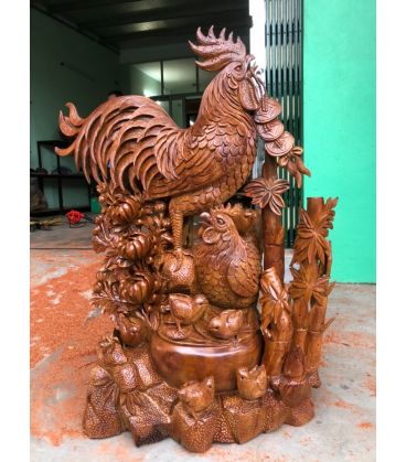 Tượng Gia Đình Gà Gỗ Hương Việt Cao 98cm