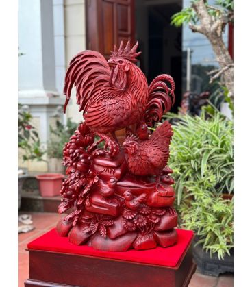 Tượng Gia Đình Gà Gỗ Vương Mộc Tử Đàn Liền Khối