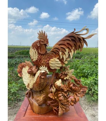 Tượng Gia Đình Gà Hoa Phù Dung Linh Vật Phong Thủy - Gỗ Hương Tuyệt Đẹp