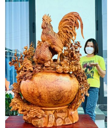 Tượng Gia Đình Gà 4 Mùa Sung Túc - Gỗ Nu Hương Tuyệt Phẩm Cao 120cm