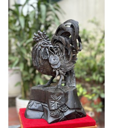 Tượng Gỗ Gà Trống Phong Thủy Gỗ Mun Sừng Liền Khối Cao 32