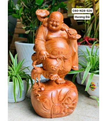 Di Lặc Đứng Kiểng Chân Trên Bao Tiền Cao 60cm Gỗ Hương Đá