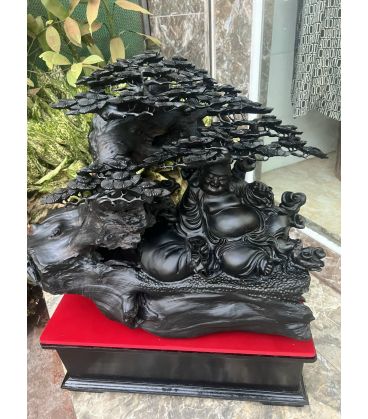 Di Lặc Ngồi Gốc Tùng Gỗ Mun Sừng Khánh Hòa - Lũa Tự Nhiên Cao 76cm