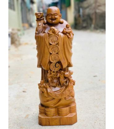 Di Lặc Chúc Phúc Phú Quý Phát Tài Cao 60 Gỗ Bách Xanh