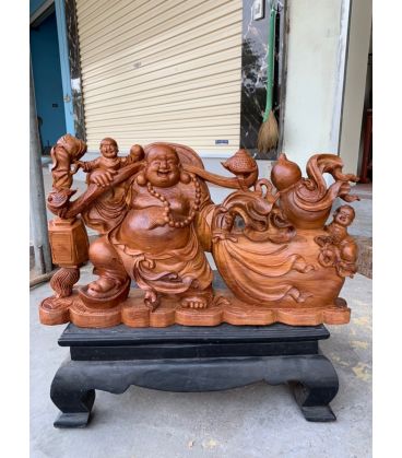 Di Lặc Ngũ Phúc Kéo Bao Tiền Ngang 62 Gỗ Hương