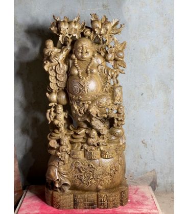 Tượng Di Lặc Ngũ Phúc Vác Đào Đứng Bao Tiền - Gỗ Mun Đuôi Công