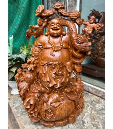 Tượng Phật Di Lặc Ngũ Phúc Vác Đào Tiên Đứng Bao Tiền - Gỗ Hương Ta Liền Khối