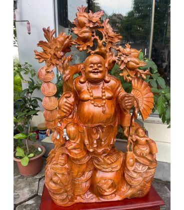 Tượng Phật Di Lặc Nhị Phúc Vác Đào Trường Thọ - Gỗ Hương Ta