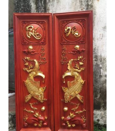 Tranh Gỗ Cá Chép Trông Trăng - Phúc Đức Giáp Vàng