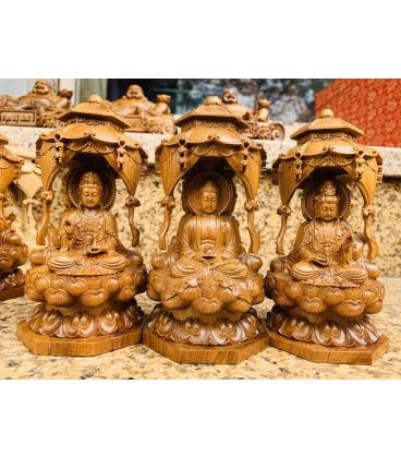 Tượng Phật Tam Thánh Ngồi Gỗ Bách Xanh