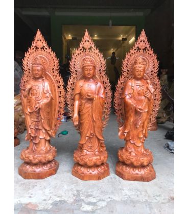 Tượng Phật Tây Phương Tam Thánh Gỗ Hương Cao 70 Có Lá Đề