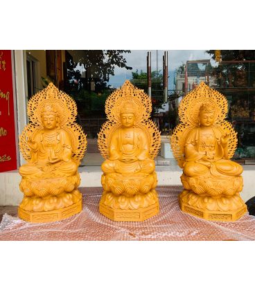 Tây Phương Tam Thánh Ngồi Đài Sen Cao 50 Gỗ Pơ Mu