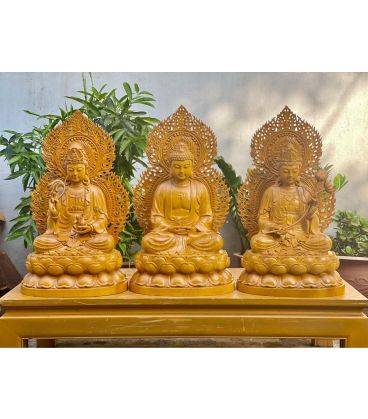 Bộ Tượng Phật Tây Phương Tam Thánh Gỗ Gõ Vàng Cao 50cm
