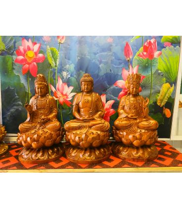 Tượng Tây Thiên Tam Thánh Phật Tọa Thiền Trên Đài Sen - Gỗ Hương Cao 60cm