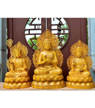 Tượng Ta Bà Tam Thánh Gỗ Gõ Vàng Có Lá Đề