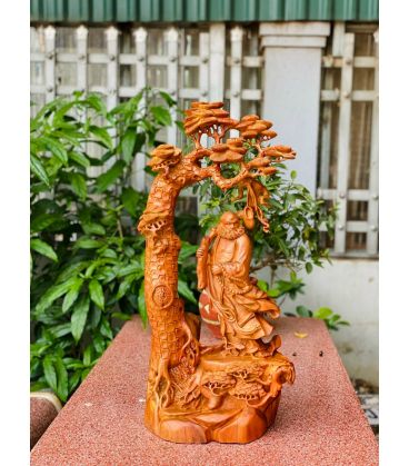 Tượng Đạt Ma Sư Tổ Đứng Gốc Tùng Cổ Thụ - Gỗ Hương Ta Liền Khối
