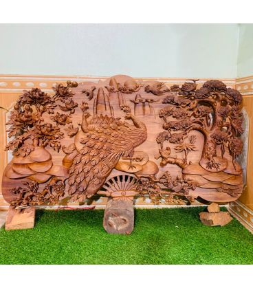 Tranh Quạt Gỗ Phu Thê Viên Mãn Nguyên Khối Cao 75cm