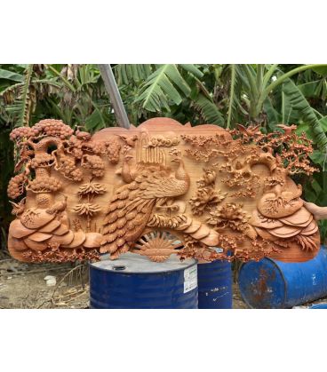 Tranh Quạt Gỗ Chim Công - Phu Thê Viên Mãn - Đục Tay